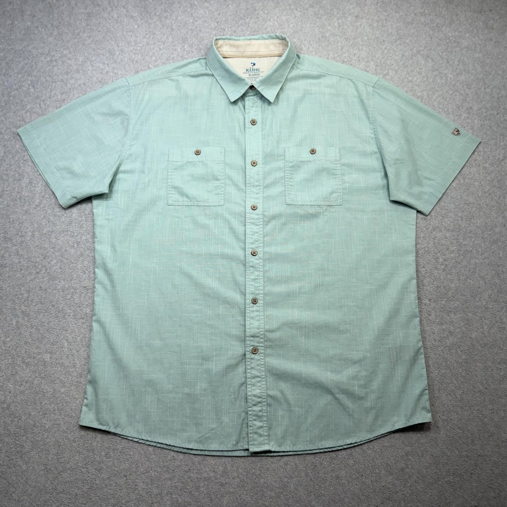 Kuhl Karib Shirt Mens XL Green Short Sleeve Button Front Pockets Casual Outdoor